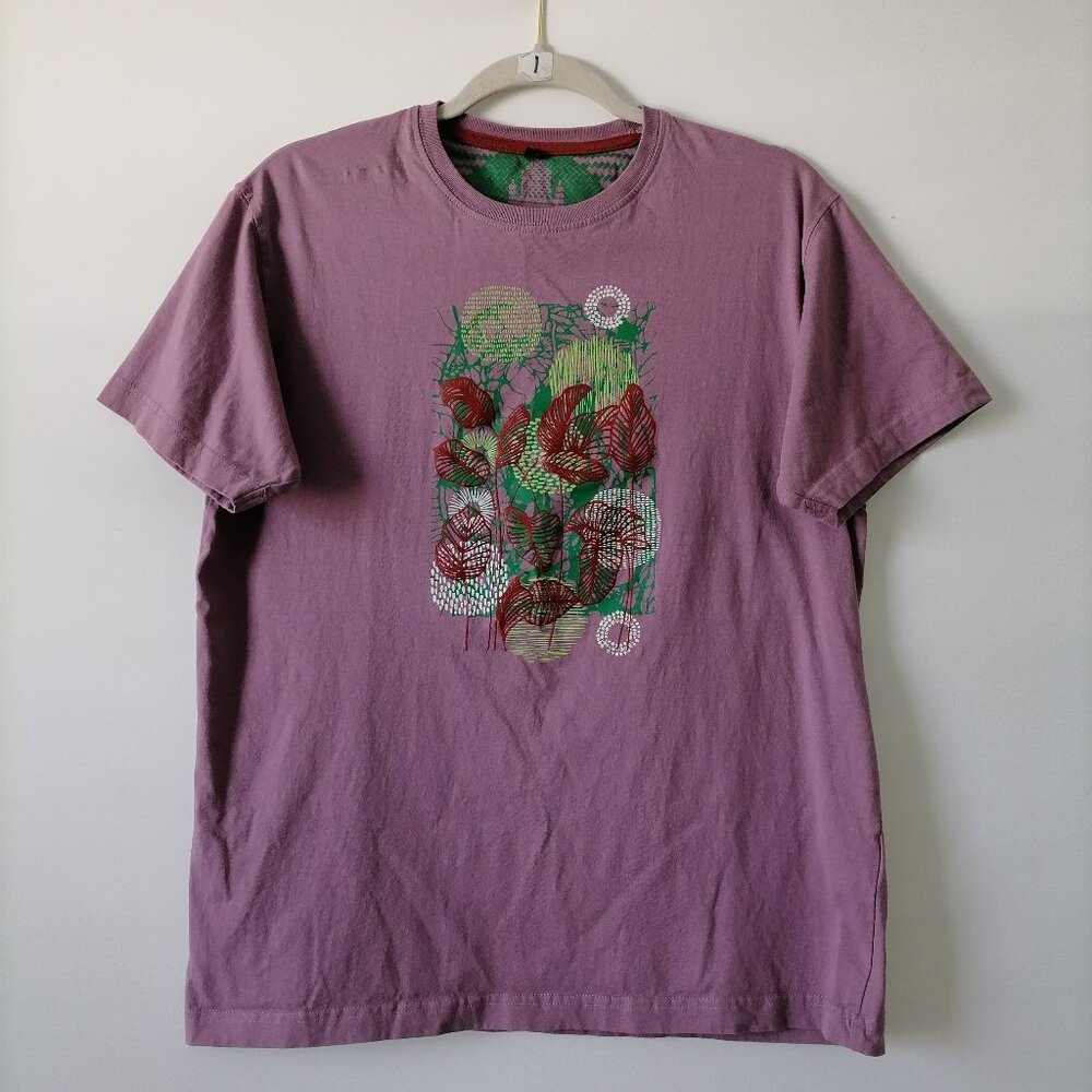 Aarong Mens Purple Crew Neck Short Sleeve Graphic Print Cotton T-Shirt Size XL